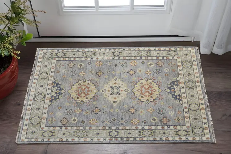 2' X 3' Gray Blue and Taupe Wool Geometric Hand Knotted Area Rug With Fringe