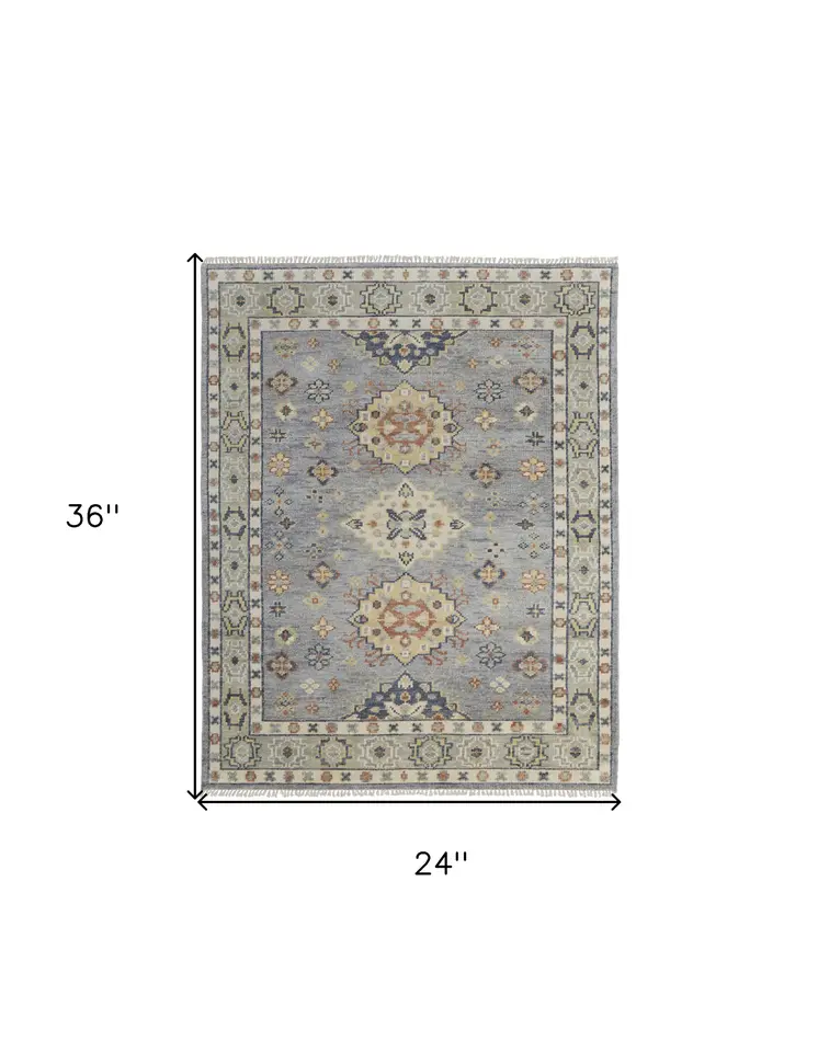 2' X 3' Gray Blue and Taupe Wool Geometric Hand Knotted Area Rug With Fringe