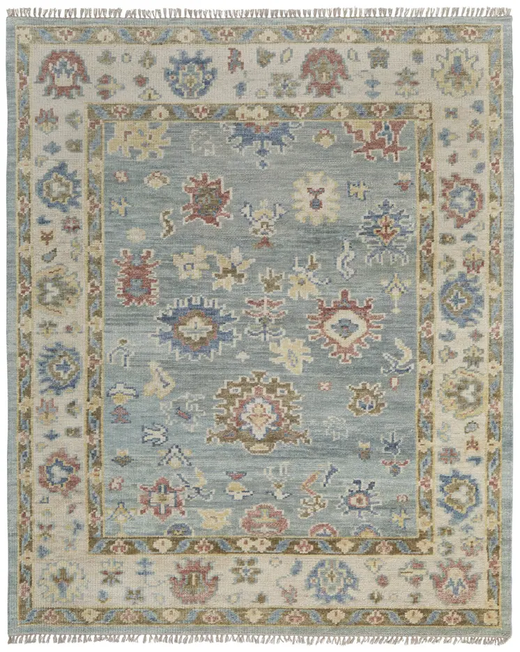 8' X 10' Blue Ivory and Yellow Wool Floral Hand Knotted Area Rug With Fringe