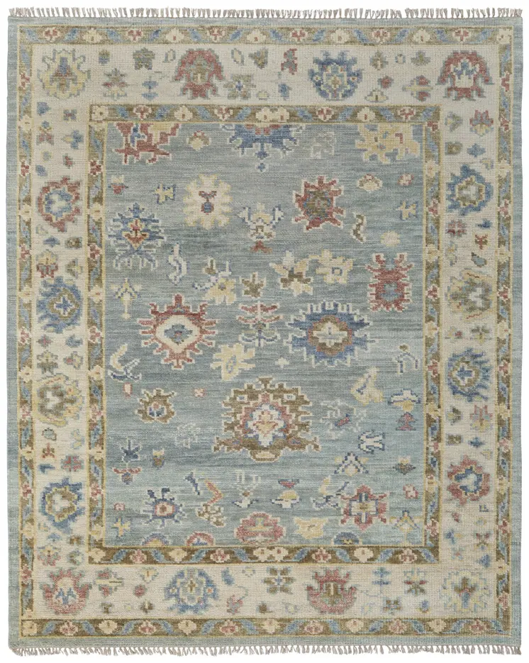 8' X 10' Blue Ivory and Yellow Wool Floral Hand Knotted Area Rug With Fringe