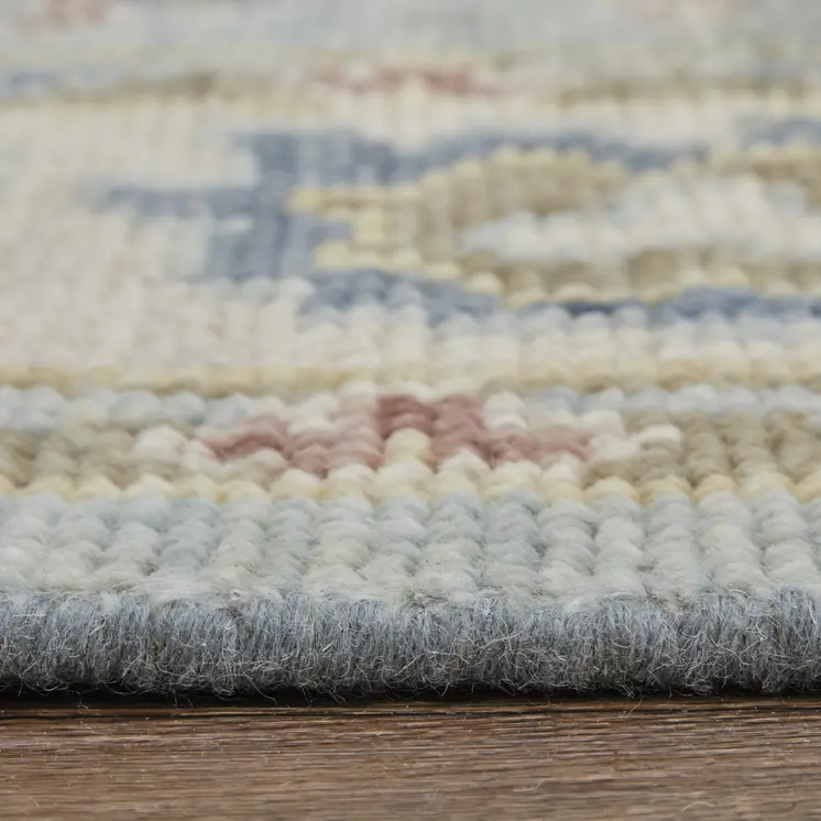 8' X 10' Blue Ivory and Yellow Wool Floral Hand Knotted Area Rug With Fringe