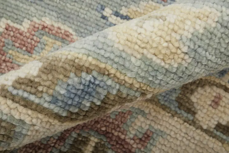 8' X 10' Blue Ivory and Yellow Wool Floral Hand Knotted Area Rug With Fringe