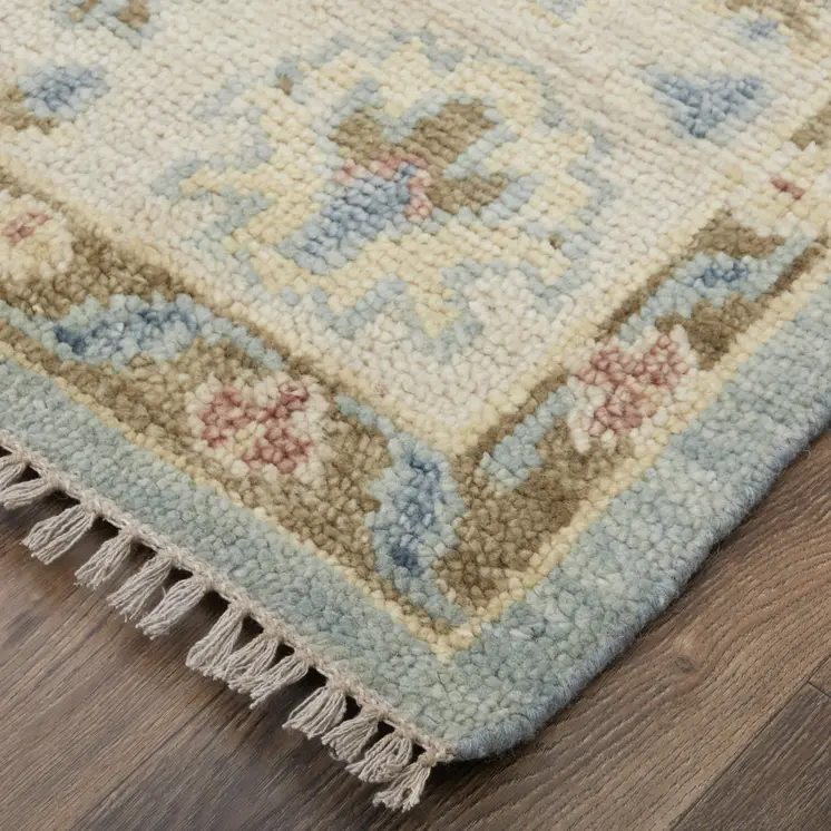 8' X 10' Blue Ivory and Yellow Wool Floral Hand Knotted Area Rug With Fringe