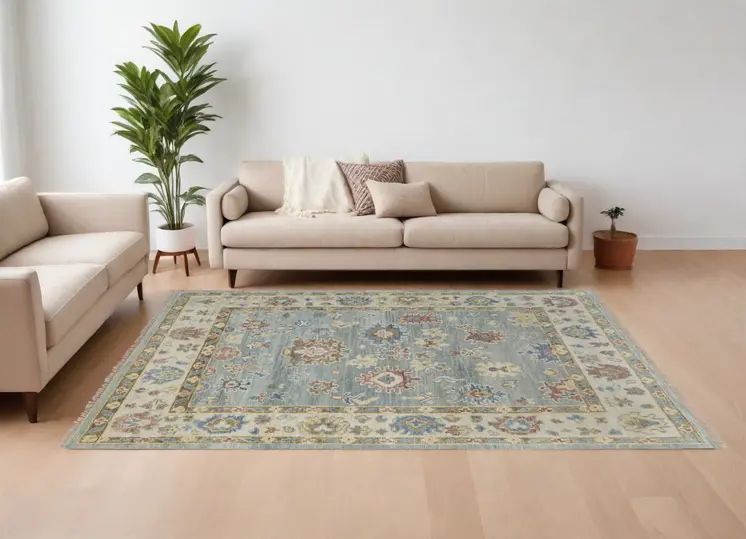 8' X 10' Blue Ivory and Yellow Wool Floral Hand Knotted Area Rug With Fringe