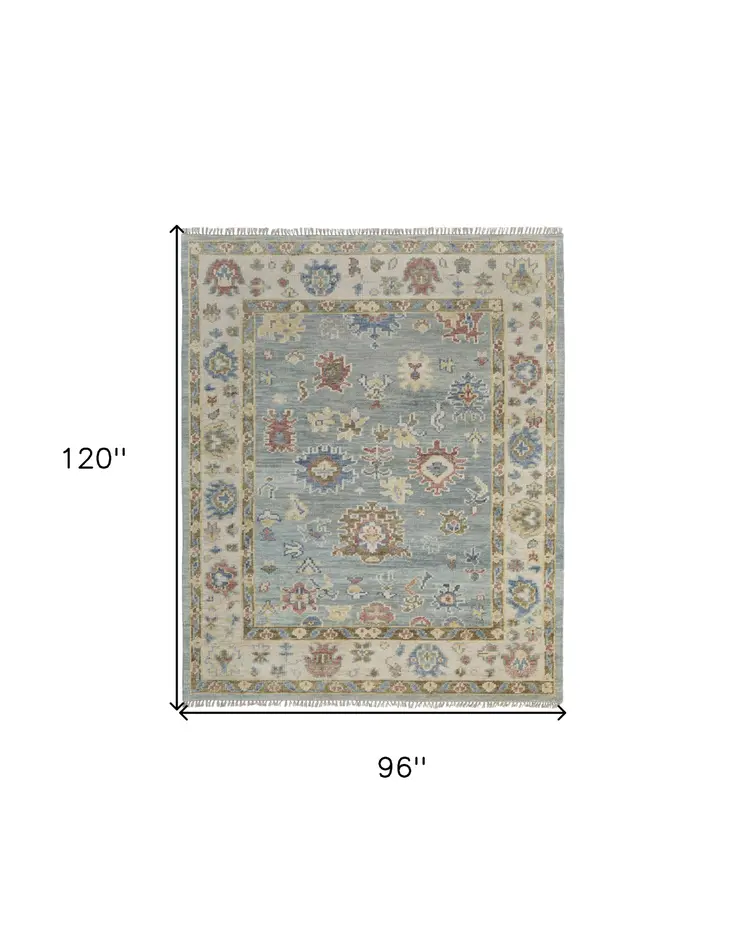 8' X 10' Blue Ivory and Yellow Wool Floral Hand Knotted Area Rug With Fringe
