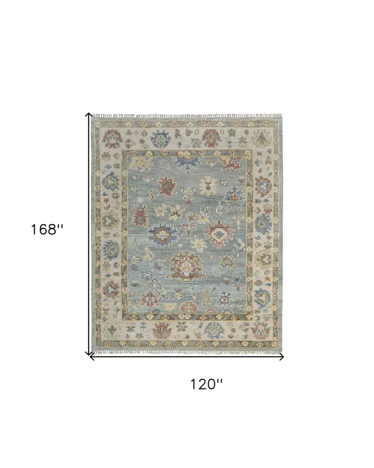10' X 14' Blue Ivory and Yellow Wool Floral Hand Knotted Area Rug With Fringe
