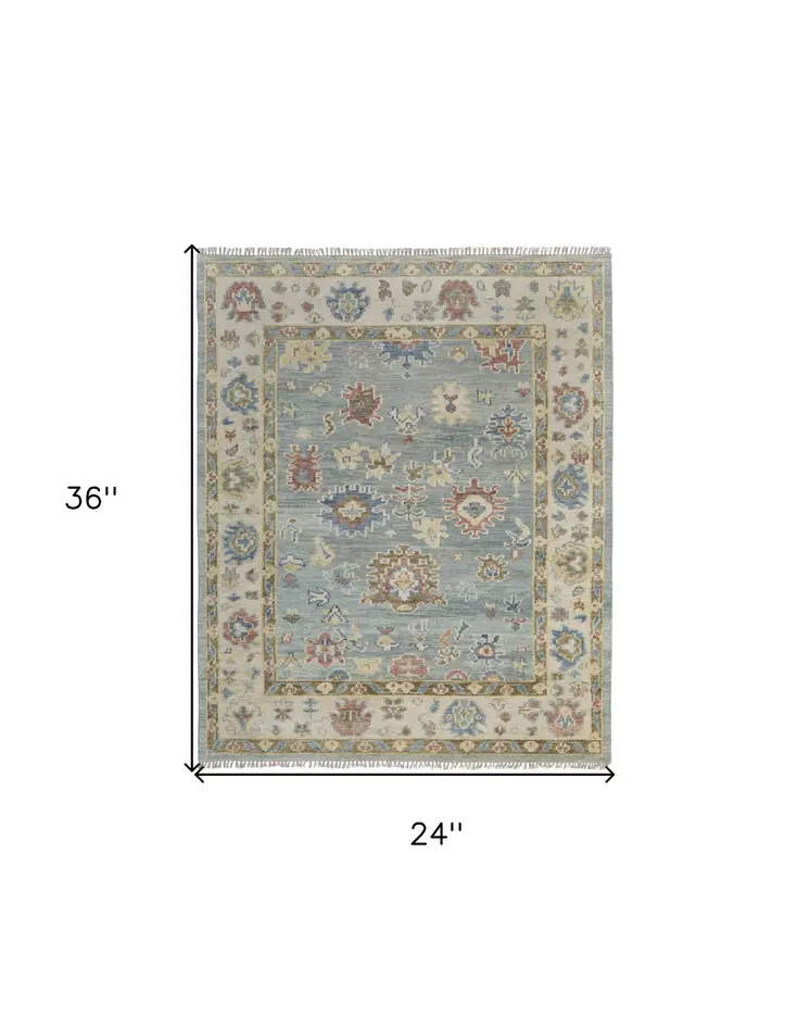 2' X 3' Blue Ivory and Yellow Wool Floral Hand Knotted Area Rug With Fringe