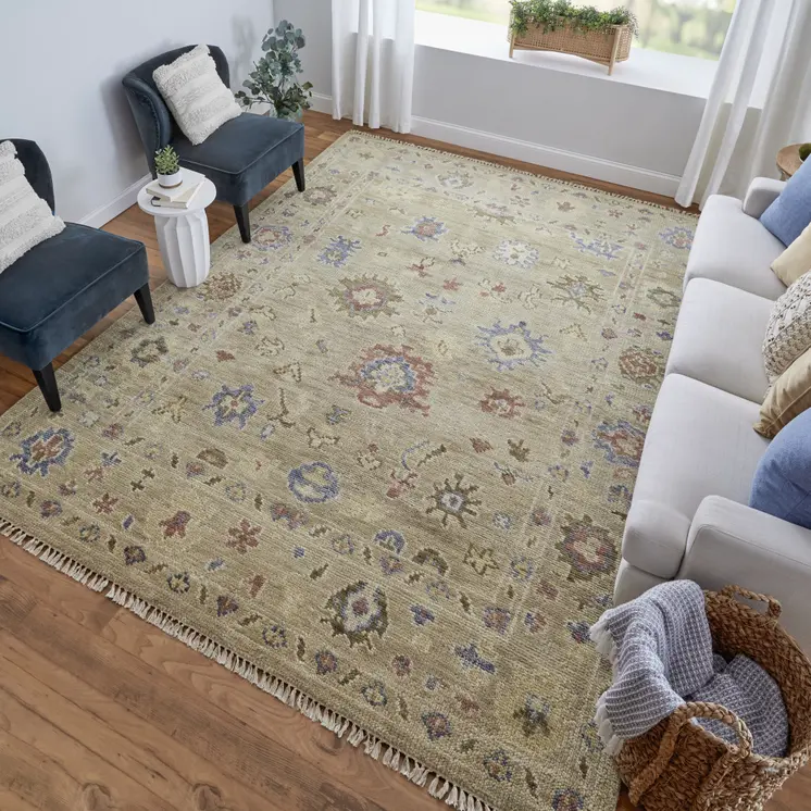 3' X 5' Tan Brown and Blue Wool Floral Hand Knotted Area Rug With Fringe