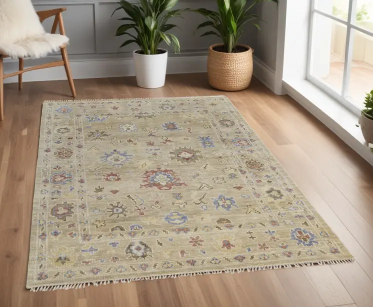4' X 6' Tan Brown and Blue Wool Floral Hand Knotted Area Rug With Fringe