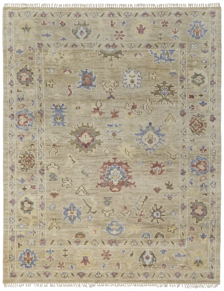5' X 8' Tan Brown and Blue Wool Floral Hand Knotted Area Rug With Fringe