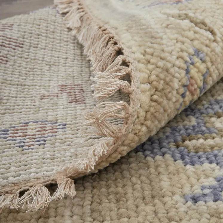 5' X 8' Tan Brown and Blue Wool Floral Hand Knotted Area Rug With Fringe