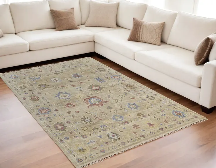 5' X 8' Tan Brown and Blue Wool Floral Hand Knotted Area Rug With Fringe