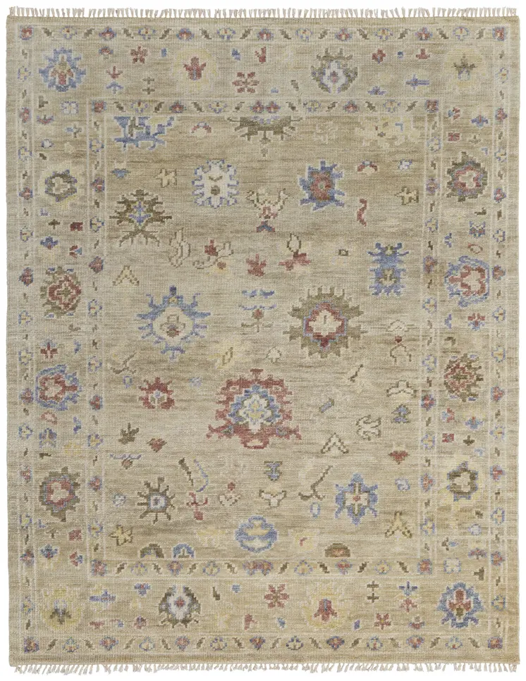 9' X 12' Tan Brown and Blue Wool Floral Hand Knotted Area Rug With Fringe