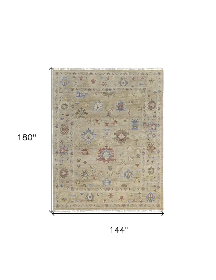 12' X 15' Tan Brown and Blue Wool Floral Hand Knotted Area Rug With Fringe