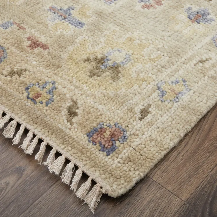 2' X 3' Tan Brown and Blue Wool Floral Hand Knotted Area Rug With Fringe