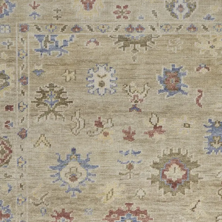 2' X 3' Tan Brown and Blue Wool Floral Hand Knotted Area Rug With Fringe