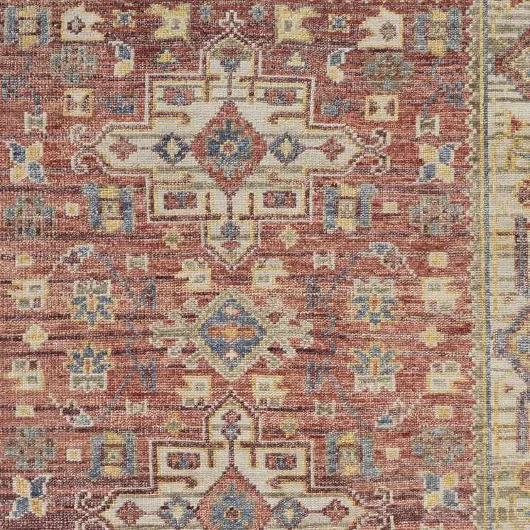 3' X 5' Ivory Red and Gold Wool Oriental Hand Knotted Area Rug With Fringe