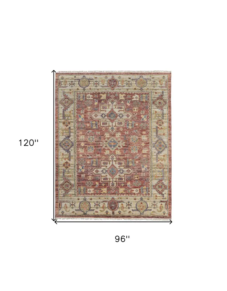 8' X 10' Ivory Red and Gold Wool Oriental Hand Knotted Area Rug With Fringe