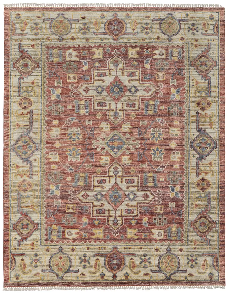9' X 12' Ivory Red and Gold Wool Oriental Hand Knotted Area Rug With Fringe