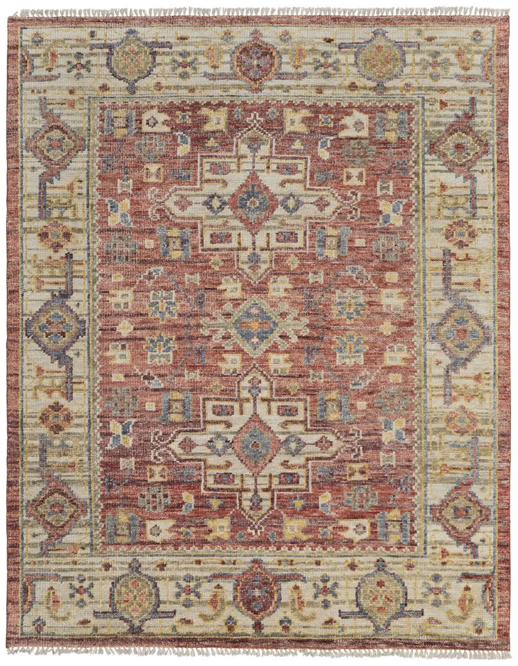 9' X 12' Ivory Red and Gold Wool Oriental Hand Knotted Area Rug With Fringe