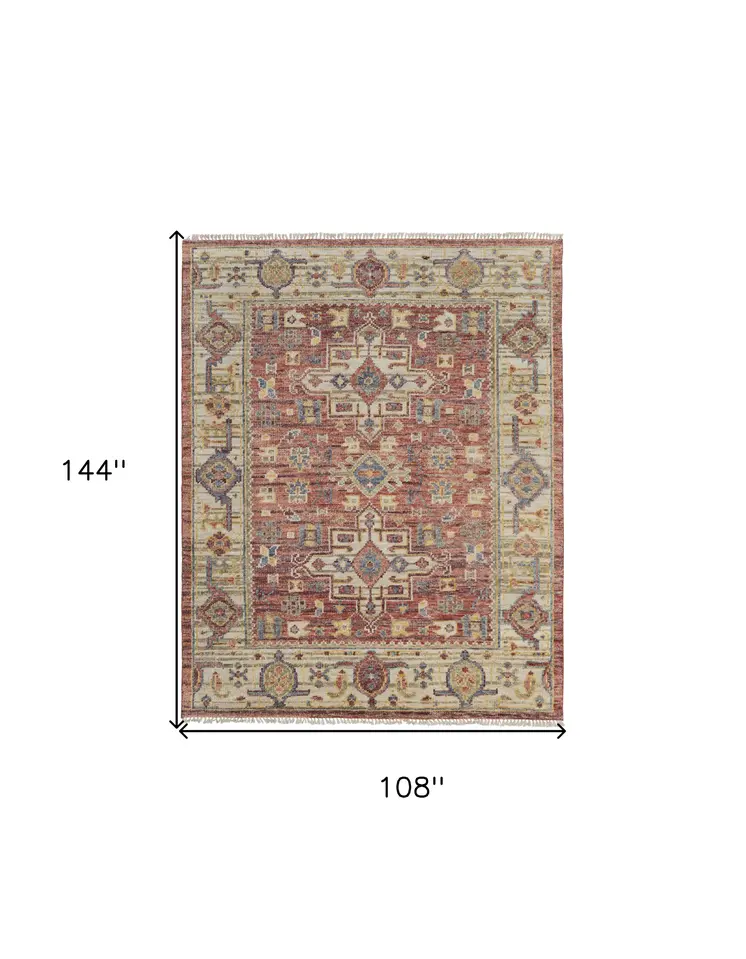 9' X 12' Ivory Red and Gold Wool Oriental Hand Knotted Area Rug With Fringe