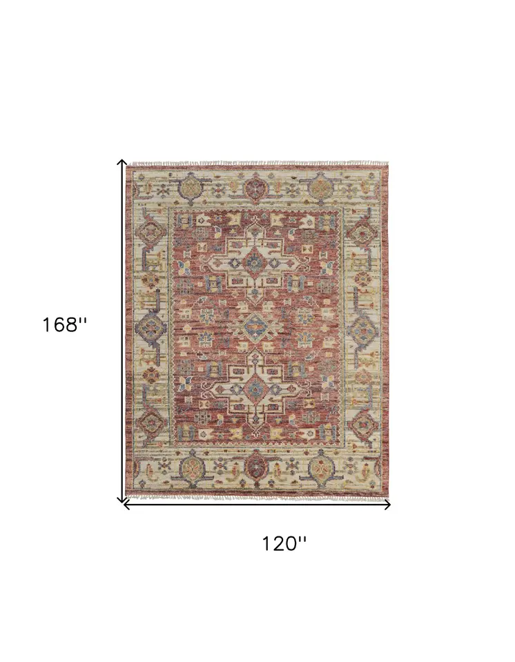10' X 14' Ivory Red and Gold Wool Oriental Hand Knotted Area Rug With Fringe