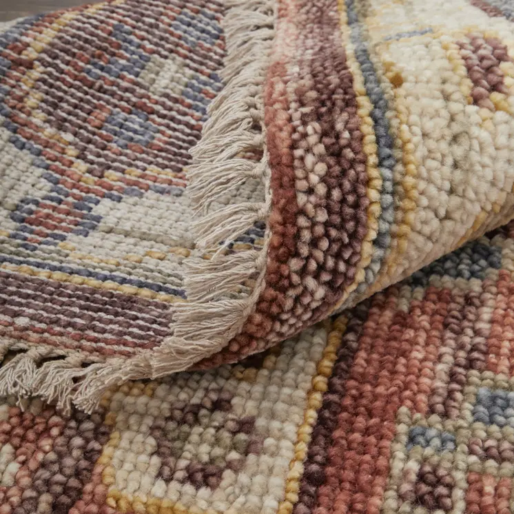 2' X 3' Ivory Red and Gold Wool Oriental Hand Knotted Area Rug With Fringe