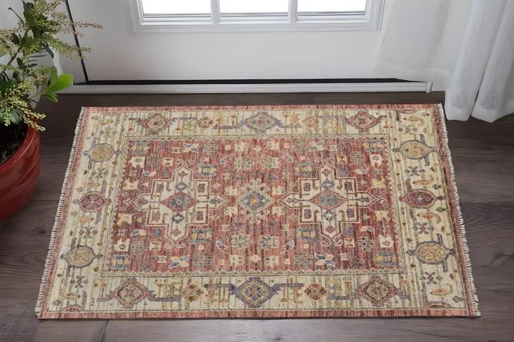 2' X 3' Ivory Red and Gold Wool Oriental Hand Knotted Area Rug With Fringe