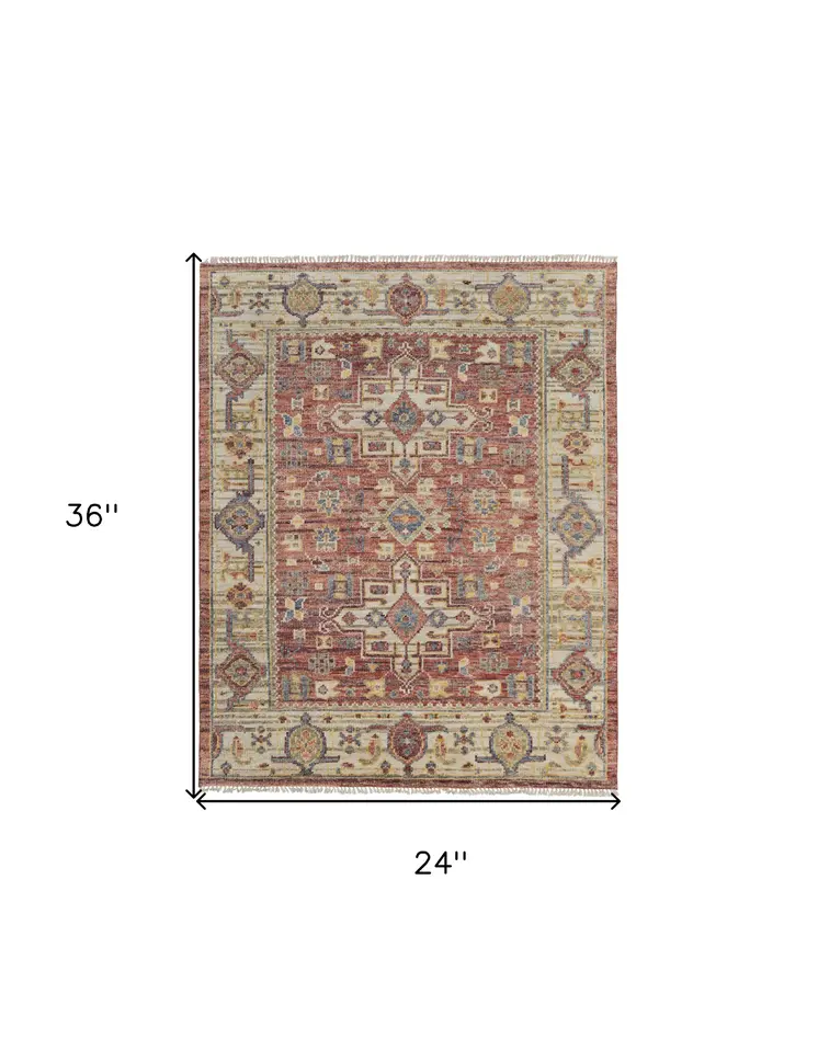 2' X 3' Ivory Red and Gold Wool Oriental Hand Knotted Area Rug With Fringe