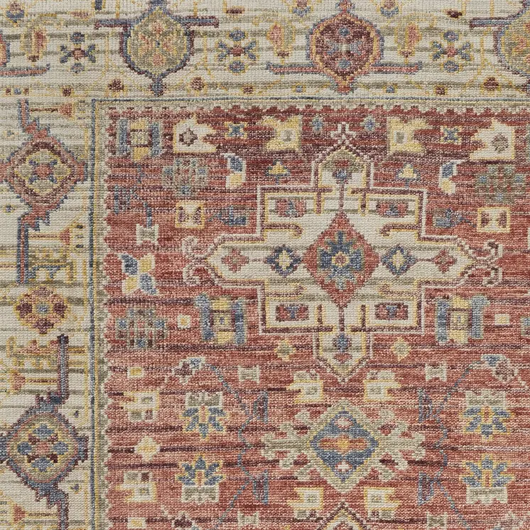 2' X 3' Ivory Red and Gold Wool Oriental Hand Knotted Area Rug With Fringe