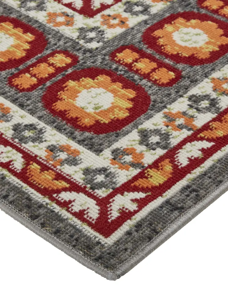10' X 13' Red Gray and Orange Oriental Power Loom Area Rug