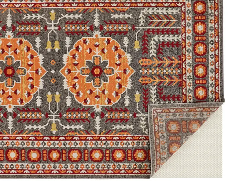 10' X 13' Red Gray and Orange Oriental Power Loom Area Rug
