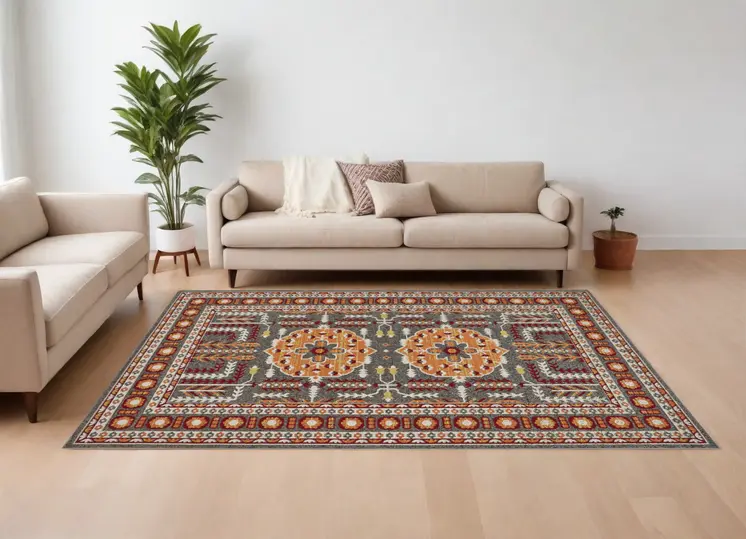 10' X 13' Red Gray and Orange Oriental Power Loom Area Rug
