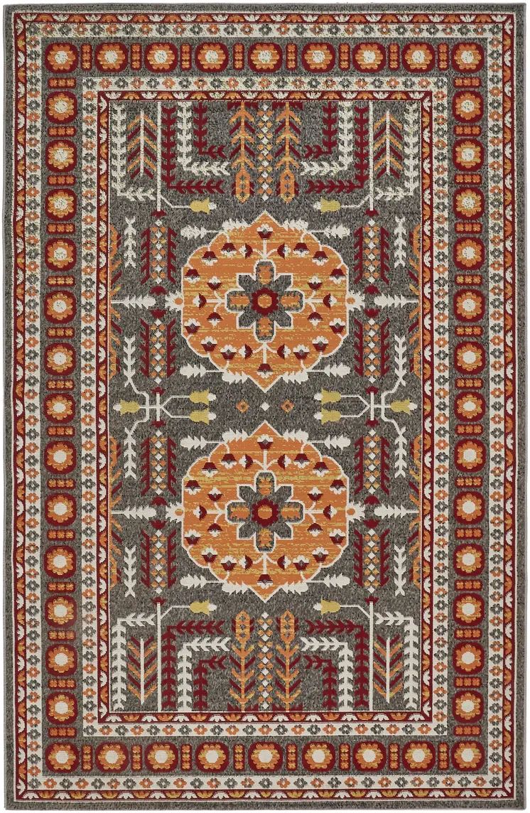 10' X 13' Red Gray and Orange Oriental Power Loom Area Rug