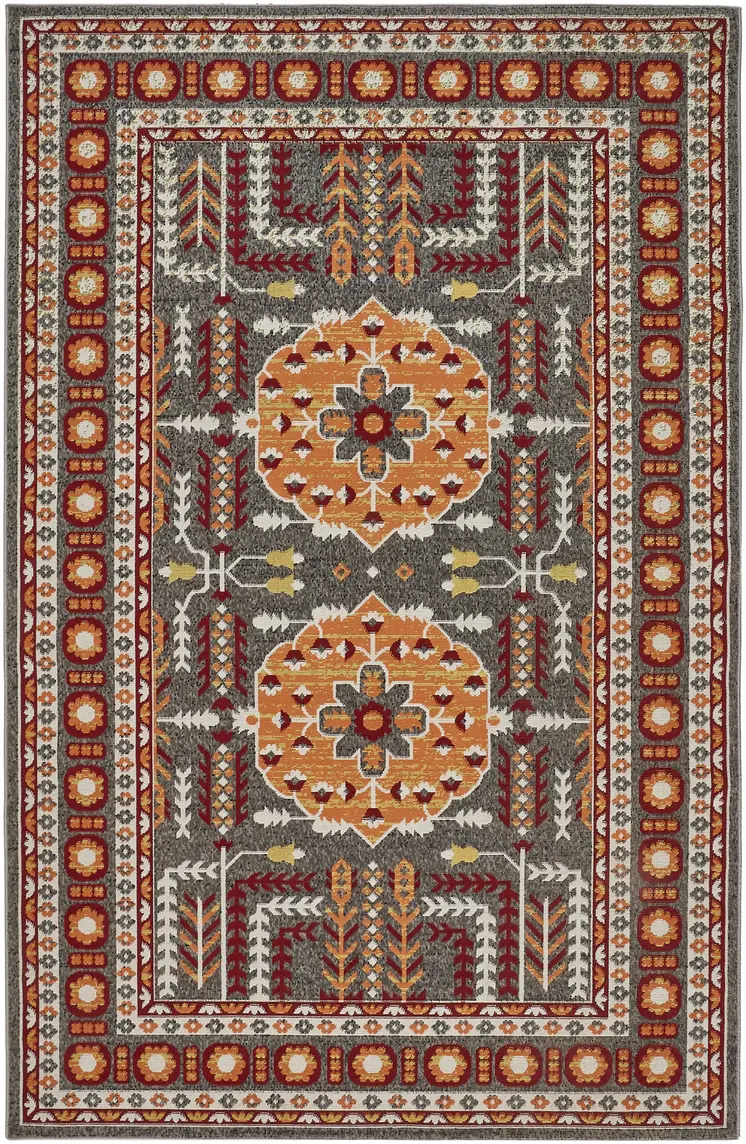 10' X 13' Red Gray and Orange Oriental Power Loom Area Rug