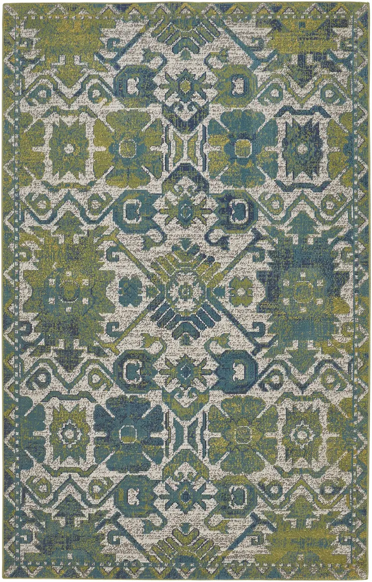 10' X 13' Blue and Green Oriental Power Loom Area Rug