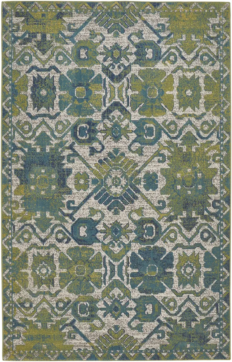 10' X 13' Blue and Green Oriental Power Loom Area Rug