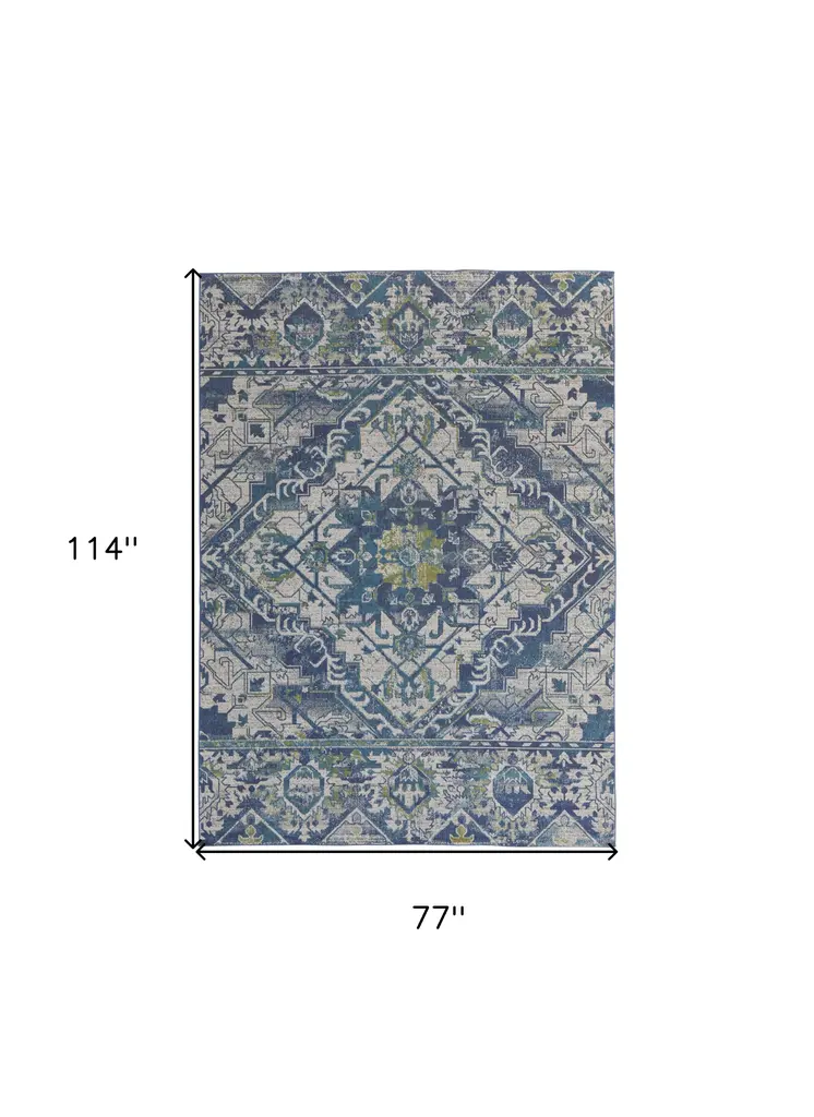 6' X 9' Green Blue and Ivory Oriental Power Loom Area Rug