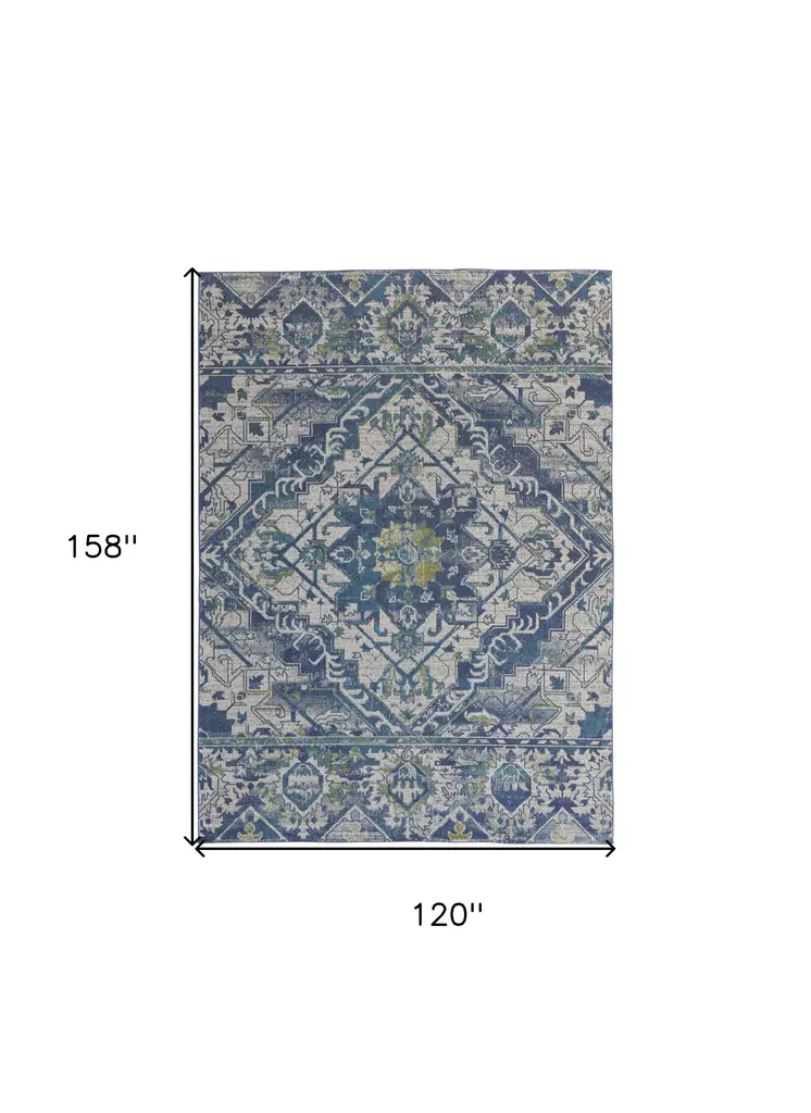 10' X 13' Green Blue and Ivory Oriental Power Loom Area Rug