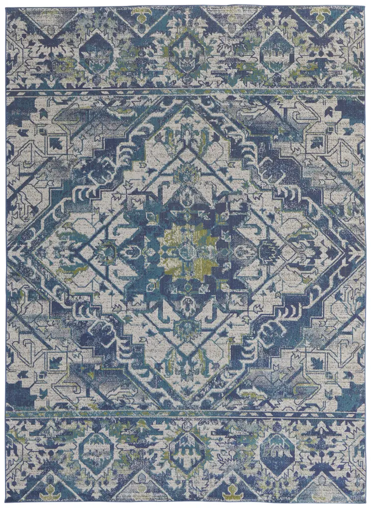 10' X 13' Green Blue and Ivory Oriental Power Loom Area Rug