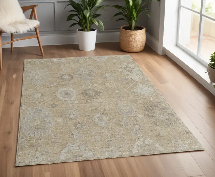 4' X 6' Tan and Ivory Wool Floral Hand Knotted Area Rug