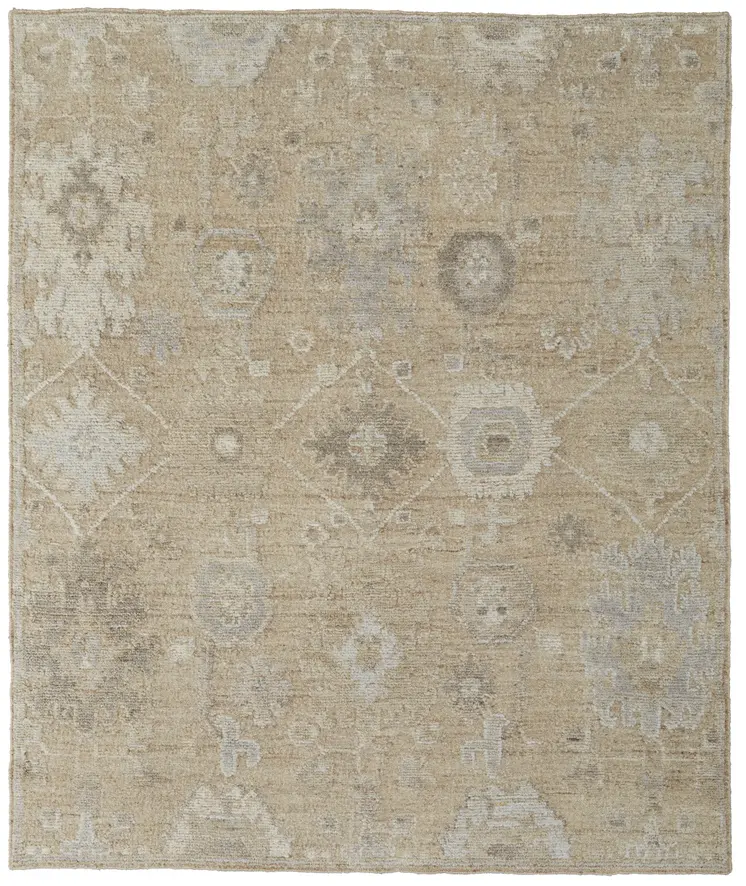 6' X 9' Tan and Ivory Wool Floral Hand Knotted Area Rug