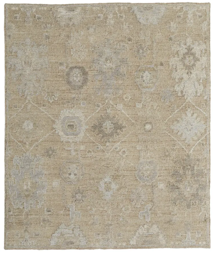 6' X 9' Tan and Ivory Wool Floral Hand Knotted Area Rug