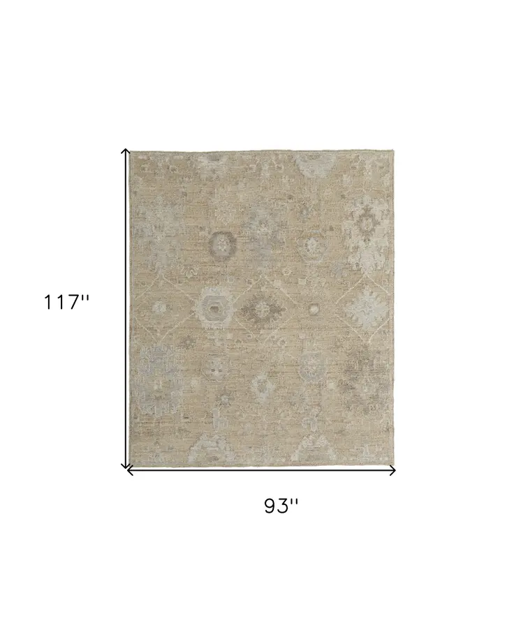 8' X 10' Tan and Ivory Wool Floral Hand Knotted Area Rug