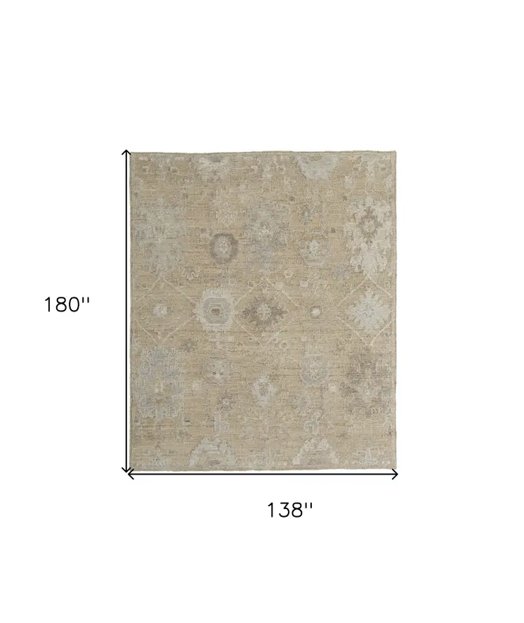 12' X 15' Tan and Ivory Wool Floral Hand Knotted Area Rug