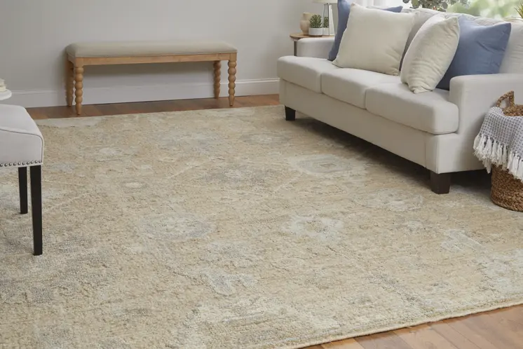 2' X 3' Tan and Ivory Wool Floral Hand Knotted Area Rug