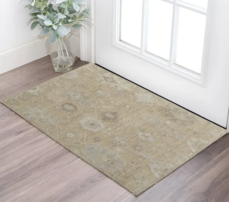 2' X 3' Tan and Ivory Wool Floral Hand Knotted Area Rug