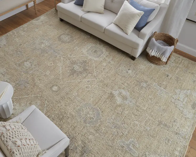 2' X 3' Tan and Ivory Wool Floral Hand Knotted Area Rug