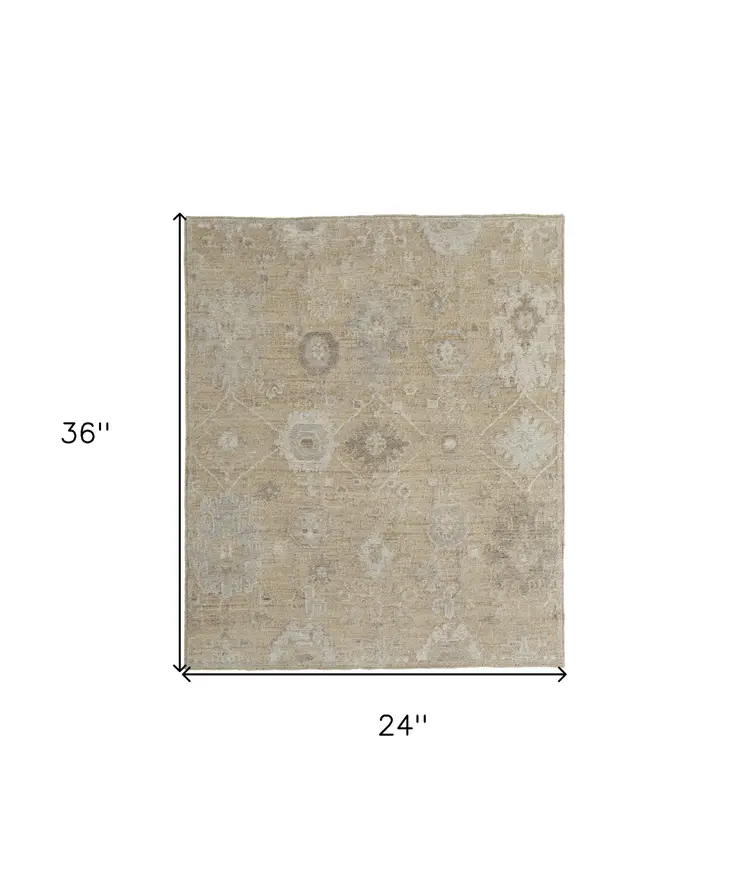 2' X 3' Tan and Ivory Wool Floral Hand Knotted Area Rug