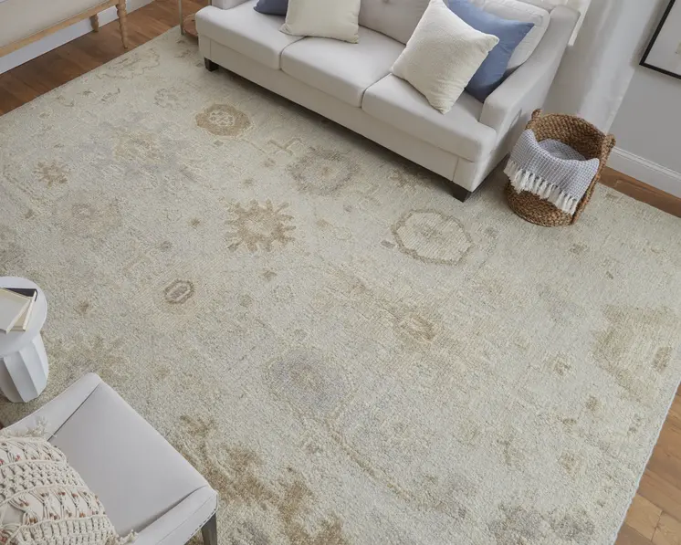 12' X 15' Tan and Gray Wool Floral Hand Knotted Area Rug